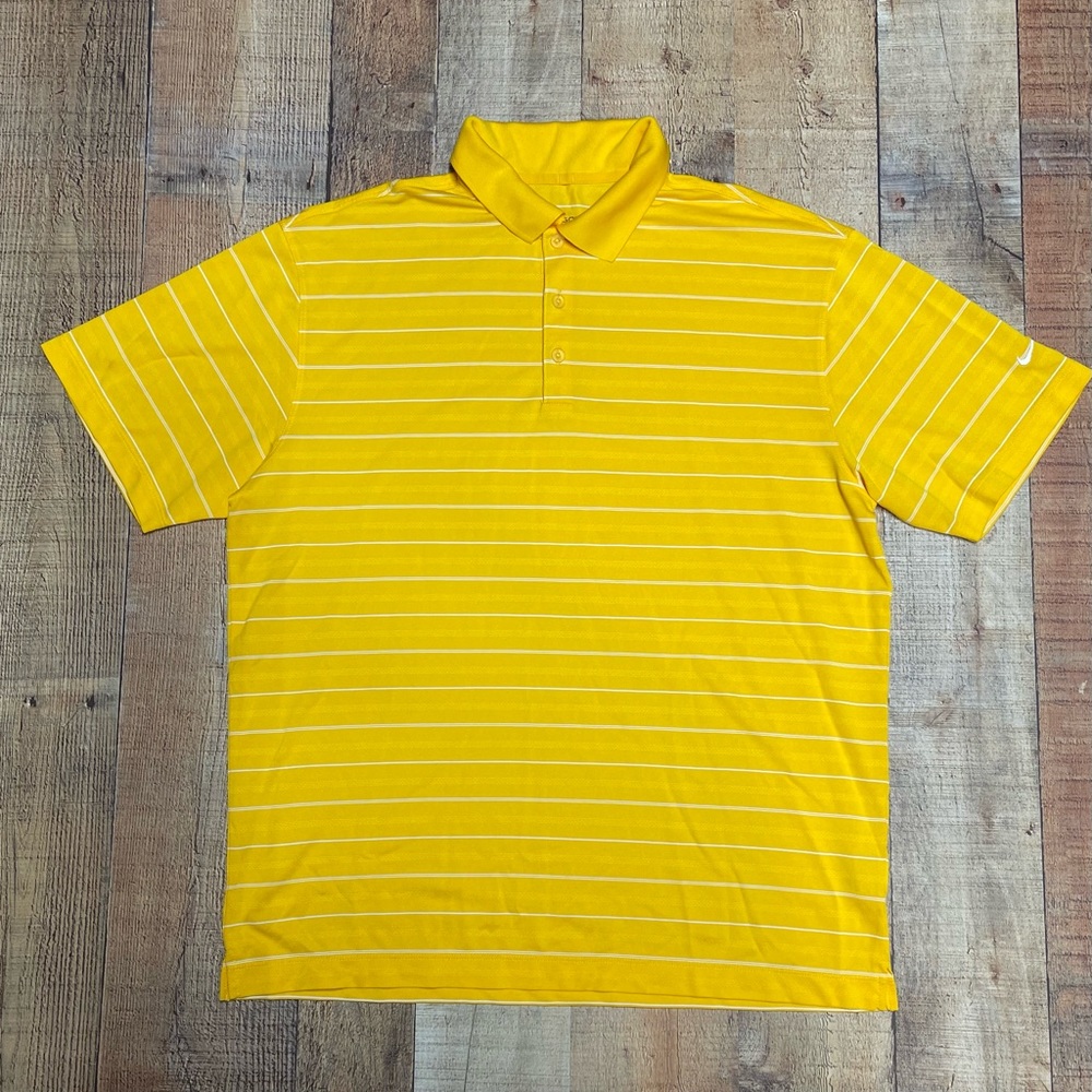 Nike Golf Polo Shirt Adult Large Yellow Striped Dri-Fit Short Sleeve Casual Mens